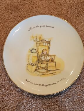 Vintage Holly Hobbie White/ Gold Porcelain Plate with Rocking Chair Illustration